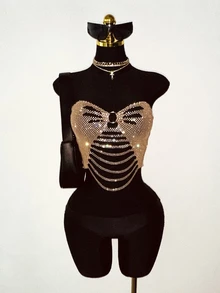 EgrlEra Women's Gold Summer Seductive Vacation Holiday Hollow Sheer Top,Rhinestone Sparkling Material Tube Tops Y2k Birthday Sequin Club Top - Champagne - View 3