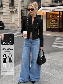 SHEIN PETITE Women's Street Style Double-Breasted Long Sleeve Blazer - Black - View 8