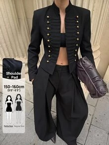 SHEIN PETITE Women's Street Style Double-Breasted Long Sleeve Blazer - Black - View 1