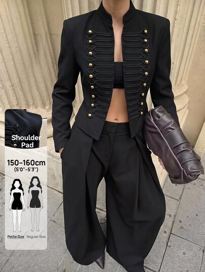 SHEIN PETITE Women's Street Style Double-Breasted Long Sleeve Blazer