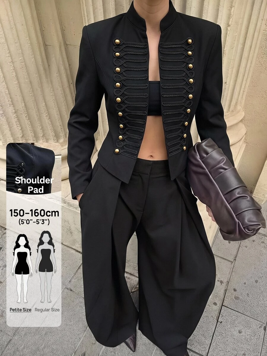 SHEIN PETITE Women's Street Style Double-Breasted Long Sleeve Blazer - Black - View 1