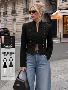 SHEIN PETITE Women's Street Style Double-Breasted Long Sleeve Blazer - Black - View 3