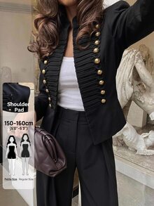 SHEIN PETITE Women's Street Style Double-Breasted Long Sleeve Blazer - Black - View 17