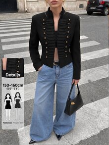 SHEIN PETITE Women's Street Style Double-Breasted Long Sleeve Blazer - Black - View 13