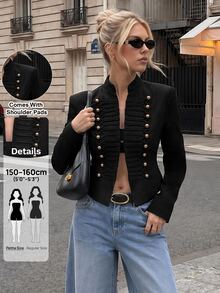 SHEIN PETITE Women's Street Style Double-Breasted Long Sleeve Blazer - Black - View 14