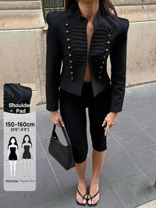 SHEIN PETITE Women's Street Style Double-Breasted Long Sleeve Blazer - Black - View 16