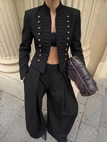 SHEIN PETITE Women's Street Style Double-Breasted Long Sleeve Blazer - Black - View 15