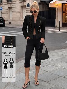 SHEIN PETITE Women's Street Style Double-Breasted Long Sleeve Blazer - Black - View 6