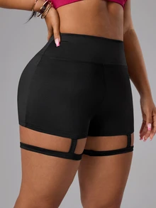 SHEIN Sports 大码女式高腰修身运动短裤 - 黑色 - 查看 4