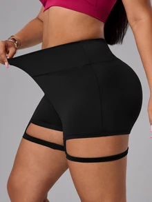 SHEIN Sports 大码女式高腰修身运动短裤 - 黑色 - 查看 5