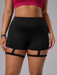 SHEIN Sports 大码女式高腰修身运动短裤 - 黑色 - 查看 3