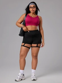 SHEIN Sports 大码女式高腰修身运动短裤 - 黑色 - 查看 8