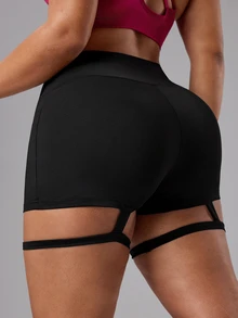 SHEIN Sports 大码女式高腰修身运动短裤 - 黑色 - 查看 2