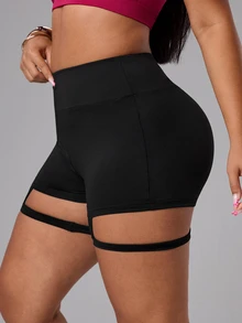 SHEIN Sports 大码女式高腰修身运动短裤 - 黑色 - 查看 6