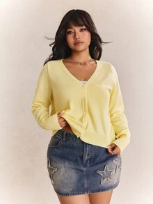 CovetEZ Plus Size Deep V-Neck Solid Color Button Cardigan, Autumn/Winter, Buttercup Yellow - Light Yellow - View 8