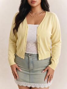 CovetEZ Plus Size Deep V-Neck Solid Color Button Cardigan, Autumn/Winter, Buttercup Yellow - Light Yellow - View 6