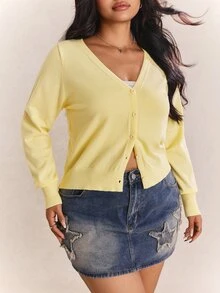 CovetEZ Plus Size Deep V-Neck Solid Color Button Cardigan, Autumn/Winter, Buttercup Yellow - Light Yellow - View 5