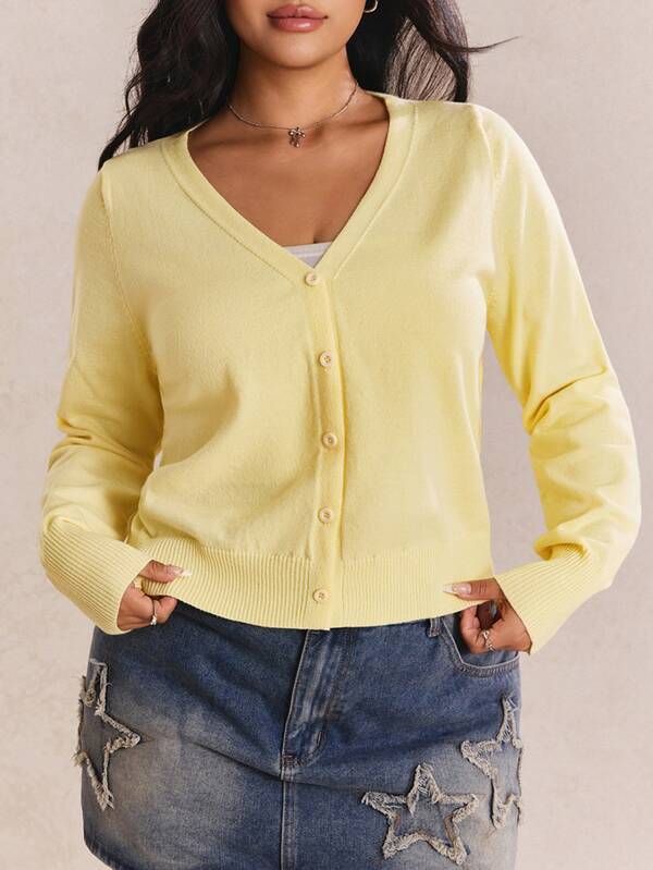 CovetEZ Plus Size Deep V-Neck Solid Color Button Cardigan, Autumn/Winter, Buttercup Yellow