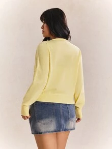 CovetEZ Plus Size Deep V-Neck Solid Color Button Cardigan, Autumn/Winter, Buttercup Yellow - Light Yellow - View 2