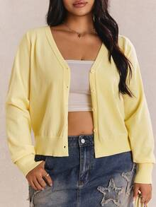CovetEZ Plus Size Deep V-Neck Solid Color Button Cardigan, Autumn/Winter, Buttercup Yellow - Light Yellow - View 3