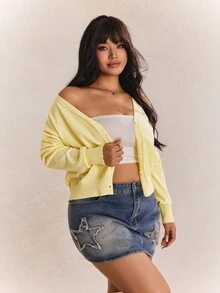 CovetEZ Plus Size Deep V-Neck Solid Color Button Cardigan, Autumn/Winter, Buttercup Yellow - Light Yellow - View 4