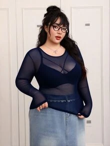 CovetEZ 大码红色薄纱基本款上衣（女款） - 藏蓝色 - 查看 3