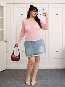CovetEZ 大码女式透视网纱圆领长袖性感基础款上衣，粉色 - 粉色 - 查看 5