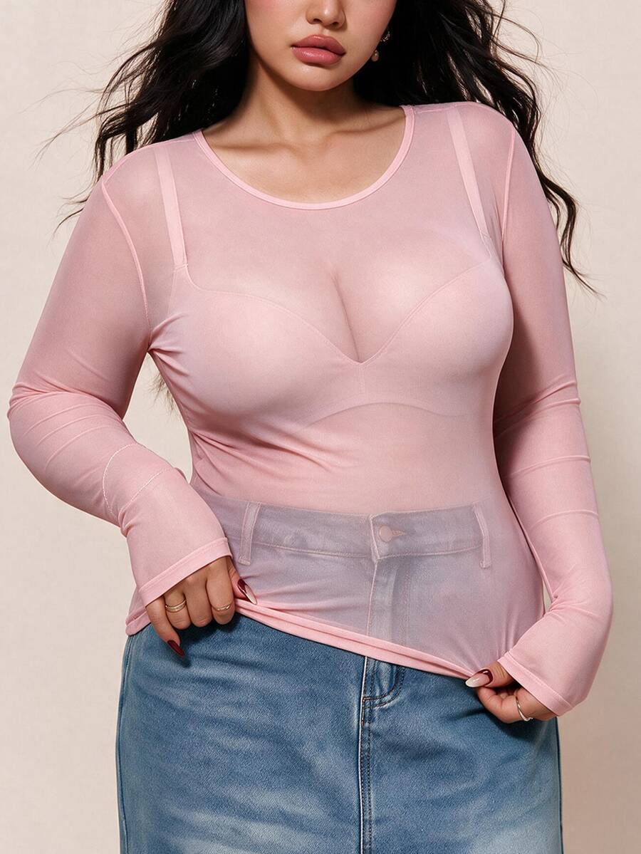CovetEZ Plus-Size Women's Black Sexy See-Through Lace Top, Suitable For Layering Or Wearing Alone. - Pink - View 1
