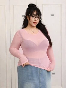 CovetEZ 大码女式透视网纱圆领长袖性感基础款上衣，粉色 - 粉色 - 查看 3