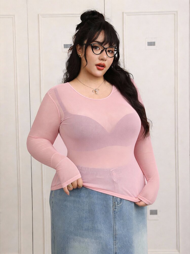CovetEZ Plus-Size Women's Black Sexy See-Through Lace Top, Suitable For Layering Or Wearing Alone. - Pink - View 3