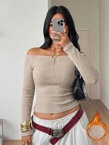Coolane Women's Plus Size Fall Winter Elegant Formal Daily Wear Casual Stretchy Comfortable Solid Color Off-Shoulder Long Sleeve Beige Khaki T-Shirt - Khaki - View 4