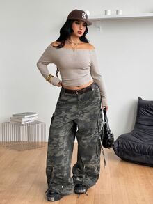 Coolane Women's Plus Size Fall Winter Elegant Formal Daily Wear Casual Stretchy Comfortable Solid Color Off-Shoulder Long Sleeve Beige Khaki T-Shirt - Khaki - View 5