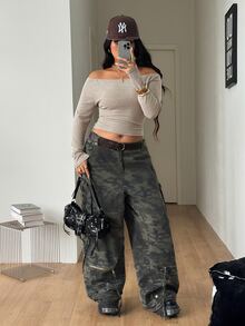 Coolane Women's Plus Size Fall Winter Elegant Formal Daily Wear Casual Stretchy Comfortable Solid Color Off-Shoulder Long Sleeve Beige Khaki T-Shirt - Khaki - View 3