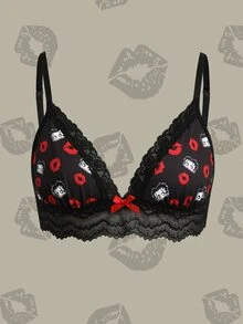 Betty Boop x SHEIN Lace Patchwork Cartoon Print Bra - Black - View 1