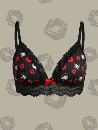 Betty Boop x SHEIN Lace Patchwork Cartoon Print Bra