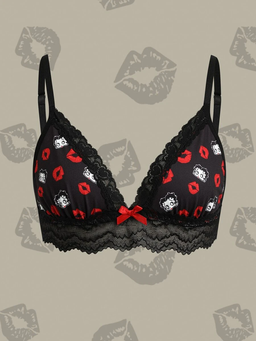 Betty Boop x SHEIN Lace Patchwork Cartoon Print Bra - Black - View 1
