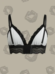 Betty Boop x SHEIN Lace Patchwork Cartoon Print Bra - Black - View 2