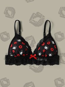 Betty Boop x SHEIN Lace Patchwork Cartoon Print Bra - Black - View 4