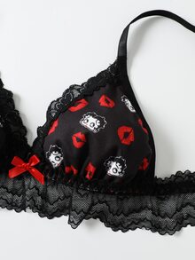 Betty Boop x SHEIN Lace Patchwork Cartoon Print Bra - Black - View 9