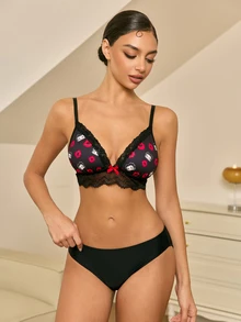 Betty Boop x SHEIN Lace Patchwork Cartoon Print Bra - Black - View 5