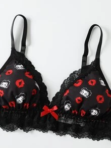 Betty Boop x SHEIN Lace Patchwork Cartoon Print Bra - Black - View 8