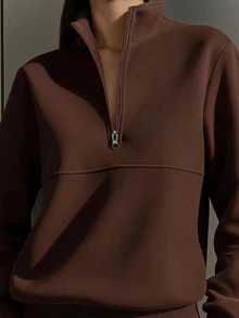 SHEIN EZwear 女款半拉鍊長袖百搭運動衫 - 棕色 - 查看 3