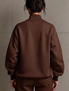 SHEIN EZwear 女款半拉鍊長袖百搭運動衫 - 棕色 - 查看 2