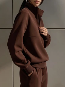 SHEIN EZwear 女款半拉鍊長袖百搭運動衫 - 棕色 - 查看 4