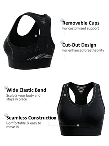 SHEIN Velisys 3pcs Seamless High Elastic Hollow Mesh Back Sports Bra, Suitable For Yoga, Fitness, Daily Wear, Multi-Functional - Black - View 9