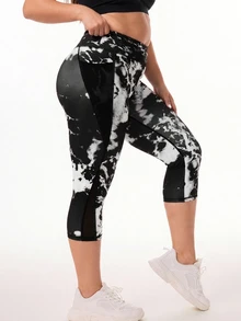 SHEIN Rhythm Era Plus Size Fashion All-Over Print Mesh Pocket 3/4 Yoga Pants - Multicolor - View 6