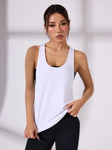SHEIN Rhythm Era 大码女式极简印花运动背心 - 白色 - 查看 3
