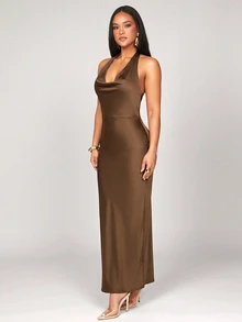 Silquee Elegante y sexy vestido de cuello alto con abertura lateral y cuello drapeado con cordones para atar, tonos de satén marrón, conjunto maxi de verano para mujer, lujo para cena de noche y fiesta - Marrón - Ver 6