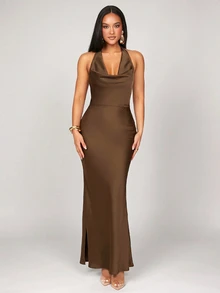 Silquee Elegante y sexy vestido de cuello alto con abertura lateral y cuello drapeado con cordones para atar, tonos de satén marrón, conjunto maxi de verano para mujer, lujo para cena de noche y fiesta - Marrón - Ver 7