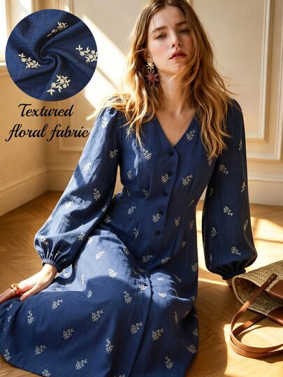 SHEIN V-Neck Front Opening Cinched Waist Petal Sleeve Faux Embroidery Textured Fabric Women's Dress Brunch Tea Party White And Blue Floral Autumn 1940s